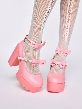 Kawaii Women's Pink High Heel Mary Jane Shoes, Closed Toe Bowknot Decor Strap Buckle Lolita Heels