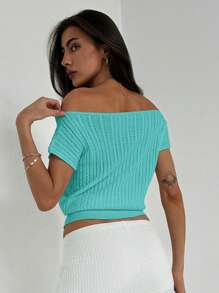 Aloruh 简约优雅露肩针织修腰女式 T 恤，百搭穿着 - 淺藍色 - 查看 2