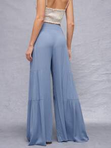 WESTFADE Spring High Rise Belted Cute Tie Waist Smocked Side Flowy Tiered Wide Leg Pants Western Country Music Concert - Blue - View 2