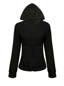 Sudadera con capucha de unicolor casual con cremallera frontal para mujeres, ideal para graduación, maestros y regreso a clases en otoño - Negro - Ver 5