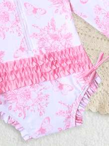 SHEIN Newborn Baby Girl Cute Flower Print Ruffle Long Sleeve Rash Guard Swimsuit With Swimming Cap, Suitable For Summer Beach Vacation Newborn Baby Girl Clothes Set Baby Clothes For Girls Tropical Baby Clothes Girl Newborn Baby Clothes For Girls Baby Girl Clothes Nuteral