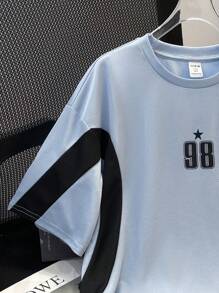 SHEIN 青少年男孩休闲宽松百搭运动拼色设计短袖 T 恤，适合外出 - 淺藍色 - 查看 7