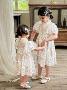 SHEIN Young Girls Floral Embroidery Tulle Ruffle Sleeve Cute Dress - Beige - View 5