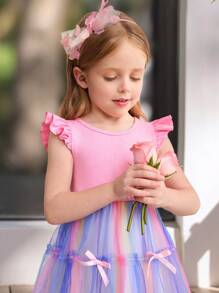 SHEIN 年轻女孩优雅圆领无袖糖果色网眼下摆连衣裙 - 粉色 - 查看 7