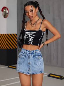 SHEIN ICON Falda-pantalón vaquera versátil y casual de una sola hilera para mujeres