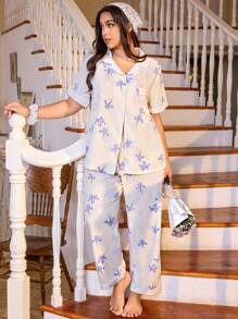 CottageSlumber Collared Button-Up Crinkle Floral Print Short Sleeve Pajama Set - Apricot - View 3