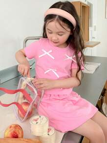 DAZY Set de 2 piezas de moda para niña: Camiseta de manga corta de cuello redondo de punto + Falda - Rosa - Ver 1