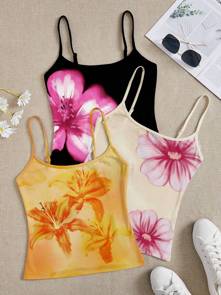 SHEIN EZwear Áo ba lỗ in hoa giản dị đa năng cho nữ khi đi nghỉ - Nhiều màu - Xem 1