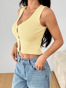 SHEIN PETITE Women's Solid Color Sleeveless V-Neck Cropped Knit Top - Mustard Yellow - View 6
