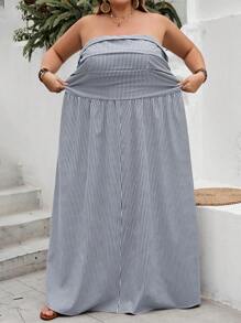 SHEIN CURVE+ 大码女士度假条纹褶皱口袋休闲连衣裙，曲线加大码，波西米亚风度假，女士夏季服装，女士海滩服装/沙滩裙/海滩度假服装/海滩必备品/毕业/茶会礼服 - 黑與白 - 查看 7