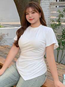 Dazy Plus Plus Size Plain Color Waist Design Short Sleeve White T-Shirt, Spring/Summer Preppy Tops - White - View 5