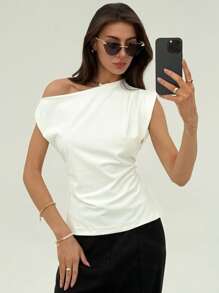 Aloruh 新款极简主义不对称肩部短袖套头T恤，腰部系带，褶皱细节设计，纯白色时尚上衣，适合度假女性穿着，也适合工作场合穿着。 - 白色 - 查看 6