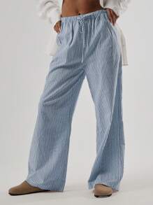 MUSERA 夏季亚麻质感系带腰裤，休闲优雅波西米亚风，适合海滩度假、假日出行、机场休闲、秋季返校季等场合。 - 藍色 - 查看 3