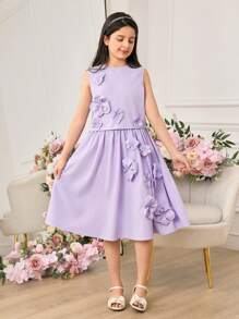 Conjunto de 2 piezas para niña preadolescente, compuesto por un chaleco sin mangas elegante con flores 3D moradas y una falda midi de cintura elástica, para el verano