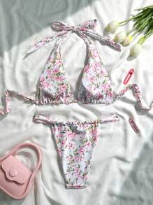 SHEIN Bikini sexy da donna per vacanza, costume da bagno a due pezzi con stampa floreale ditsy francese multifunzione, stile halter e bandeau, stile europeo e americano