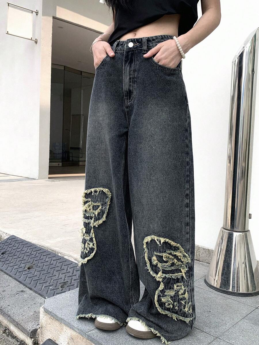 DAZY Women's Distressed Hem Wide Leg Ankle Length Jeans - Grey - View 1