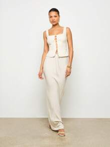 AiiRZ 亚麻外观纽扣背心和长裙套装 - 杏色 - 查看 1