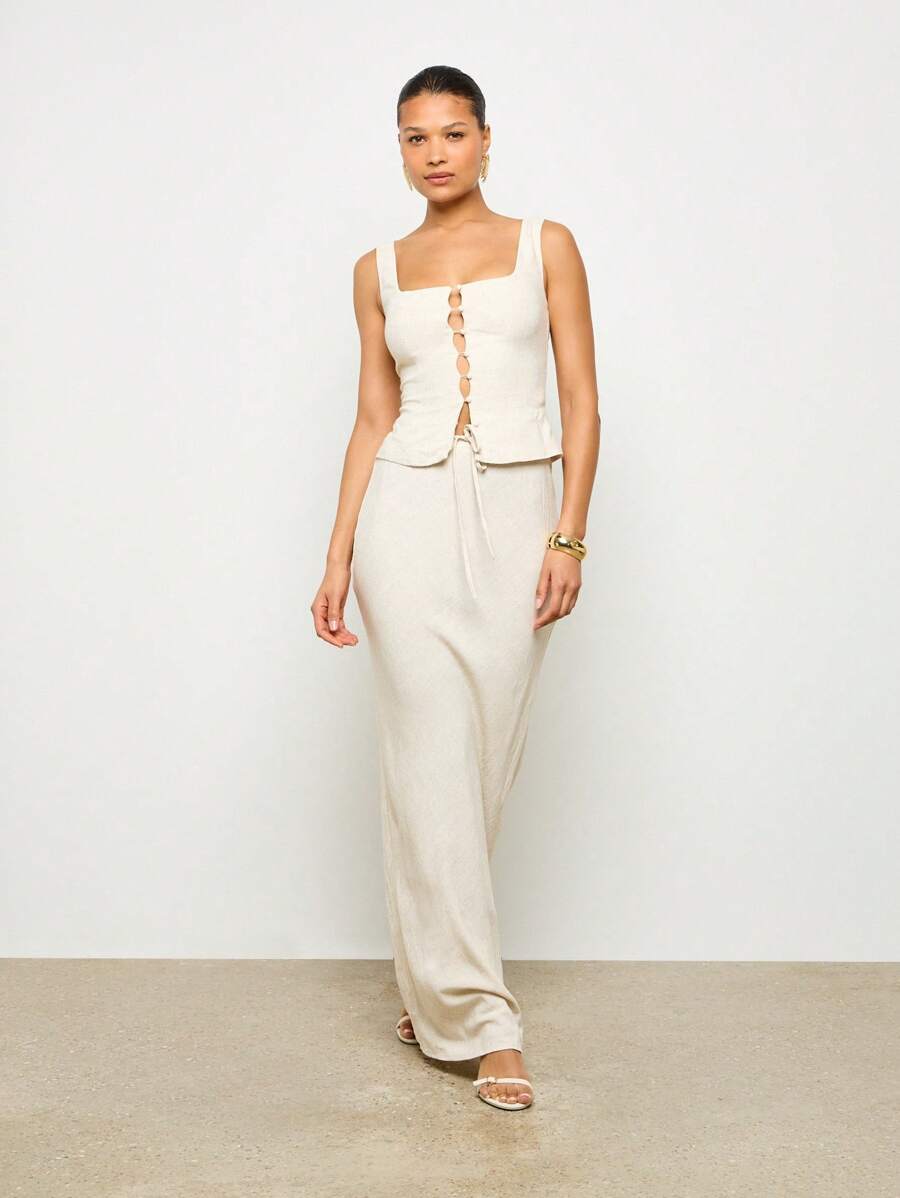 AiiRZ 亚麻外观纽扣背心和长裙套装 - 杏色 - 查看 1