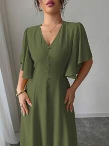 Elenzga 女士优雅纯色 V 领 A 字形开衩袖装饰长款休闲连衣裙，适合春夏季茶会、度假、通勤