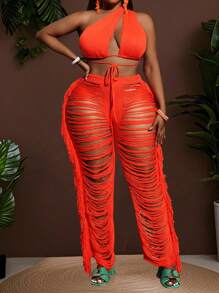 Slaydiva 2025 New Arrival Holiday Vacation Simple Hollow Out Solid Color Tie Front Top + Tassel High Waist Pants Knit 2Pcs Suit For Women, Spring/Summer - Orange - View 4