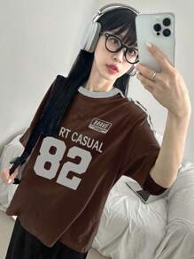 DAZY 女士拼色短袖宽松字母印花T恤，春夏超大码T恤 - 棕色 - 查看 4