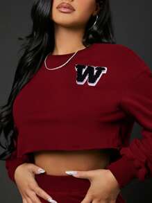 SHEIN SXY Letter Embroidery Drop Shoulder Crop Sweatshirt,Long Sleeve Tops In Fall/Winter