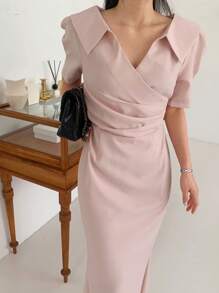 DAZY Robe-chemise mi-longue près du corps à col polo et manches courtes pour femme - Rose bonbon - Voir 2