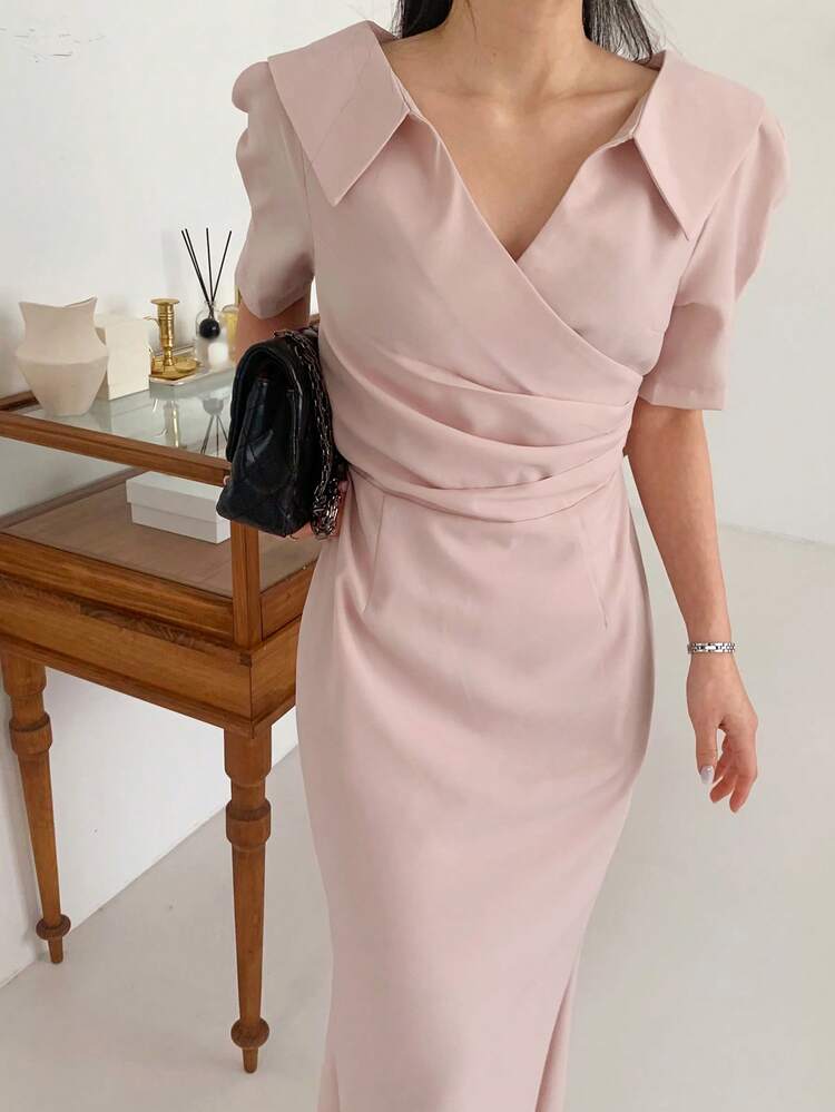 Women's Polo Collar Short Sleeve Waist Fit Mermaid Midi Dress Shirt Dress