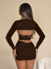 SHEIN ICON Conjunto sexy de 2 piezas para mujer con top corto halter sin espalda y falda mini ajustado, traje de vestir para fiesta en club