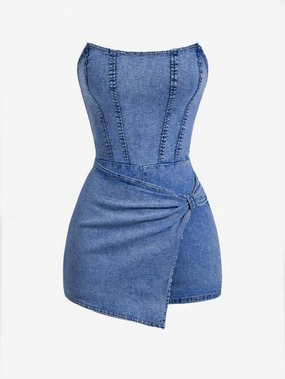 SHEIN MOD Women's Fashionable Sexy Solid Color Tube Top Denim Jumpsuit,Valentine's Day