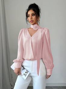 Elenzga Women's Commuter Simple Solid Color 3D Floral Decor Lantern Sleeve Elegant Blouse - Dusty Pink - View 5