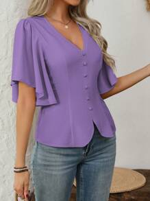 SHEIN Clasi 女式春夏 V 领纽扣装饰收腰 A 字喇叭袖衬衫，优雅的办公室/休闲/度假装 - 紫色 - 查看 4