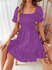 Breezaya Square Neck Shirred Ruffle Hem Dress Vacation Beach Outfits Women - Purple - View 4