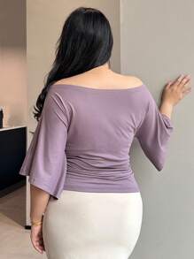 Dazy Plus Plus Size Women's Solid Color Off Shoulder Flare Sleeve Short Purple T-Shirt,Back To School Clothes - Mauve Purple - View 2