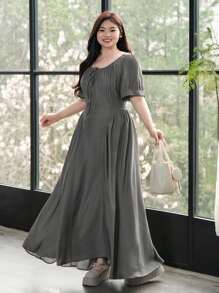 Dazy Plus Plus Size Solid Color Square Neck Tied Bubble Sleeve Bodycon Waist Dress, Spring/Summer,Casual Women Dresses - Grey - View 7