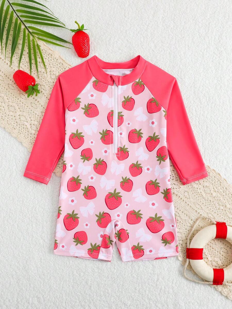 SHEIN Costume da bagno in tutina con protezione solare per bambine, con stampa di fragole e chiusura lampo, manica lunga - Multicolore - Visualizzare 1