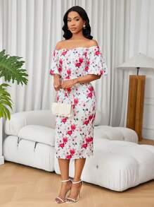 SHEIN Clasi Elegant Floral Print Off Shoulder Bodycon Dress For Summer - Multicolor - View 3