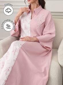 SHEIN Najma Collar Embroidery Applique Contrast Color Floral Patchwork Dress, Modest