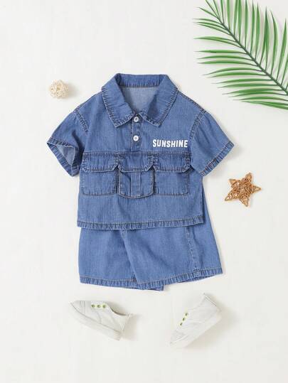 2pcs Denimly Baby Boy Casual Relaxed Comfort Denim Set: Printed Short Sleeve Polo Shirt & Elastic Waist Denim Shorts With Cute Graphic Print & Functional Pockets