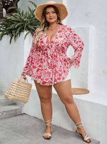 SHEIN CURVE+ Blusa de talla grande con estampado floral, ligera y delgada, casual para vacaciones, primavera y verano, curvas, estilo bohemio para vacaciones - Rosa - Ver 8