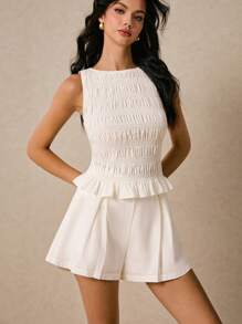 Poéselle Set da donna in 2 pezzi, tuta in cotone con top plissettato e shorts bermuda con tasche, completo bianco, shorts, tuta casual, abbigliamento quotidiano 2 pezzi/set, donna, tinta unita, canotta e shorts, estivo, outfit estivo boho Y2K, shorts set donna, outfit Coachella