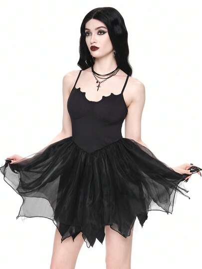 Goth Vestido de fiesta sexy gótico con tirantes cruzados en la espalda, Bottom de malla con forma de murciélago, para Halloween