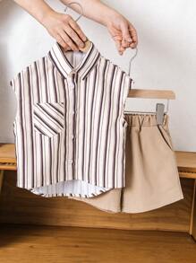 SHEIN 2pcs/Set Boy Striped Single-Breasted Vest And Shorts, Casual