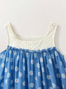 SHEIN Young Girls' Summer Vacation Style Beach Casual Square Neck Crochet Jacquard Patchwork Daisy Print Dresses, Kids Clothes Girls - Multicolor - View 9