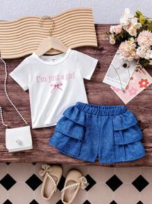 Baby Girls Fashion Casual Bow Detail Short Sleeve Top And Shorts Set, Summer - White - View 3