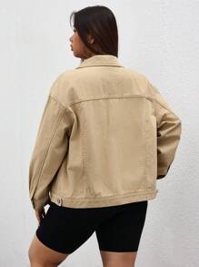 SHEIN ICON Plus Size Loose Casual Everyday Front Button Drop Shoulder Denim Jacket - Khaki - View 2