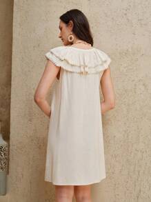 Uhlyne Abito casual da donna in lino intrecciato con maniche a volant, rifiniture arricciature, scollo a V con bottoni, vestito casual da resort con linea ad A