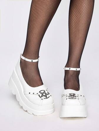 Grunge Punk Chaussures gothiques rock pour femmes avec boucle en métal, décoration de rivets, bout rond, babies, plateforme Oxfords, 10 cm noir