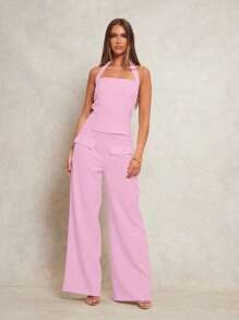 Glamine 2pcs/Set Women's Simple Fitted Sexy Cami Top With Halter & Straight Leg Trousers In Solid Color, Early Spring New Fashion Casual Set Women Clothing Sets Women 2 Pieces Outfits - Pink - View 6
