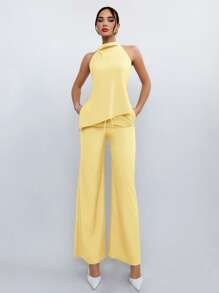 Aloruh Summer Casual Commuting Solid Color Backless Halter Neck Top + Pants Set - Yellow - View 5